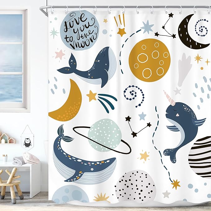 Kids Boys Whale Shower Curtain Space Ocean Cartoon Planet Cute Ocean Sea Animal Universe Galaxy Moon Stars Cool Cosmos Bathroom Set 60Wx72L Inch Bath Curtain Bathtub Accessories Home Decor