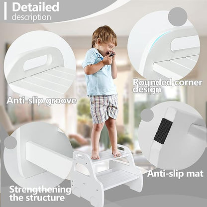 AMBIRD Wooden Step Stool, Two Step Stools Toddler with Safety Non-Slip Pads and Handles, White Bamboo Step Stool for Bathroom, Bedroom, Kitchen Step Stools Kids