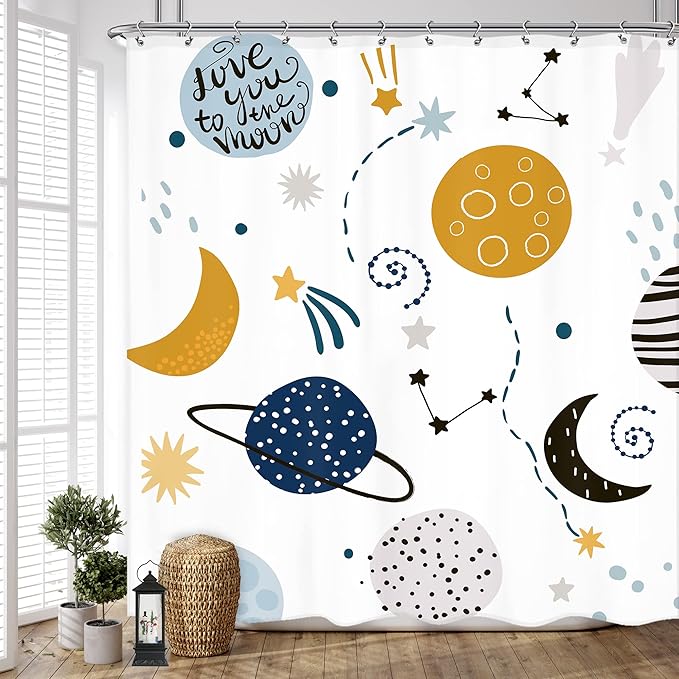 Kids Cartoon Planet Shower Curtain 72Wx72L Inch Boys Kid Shower Curtain Bathroom Set Universe Galaxy Space Cute Baby Print Cosmos for Girls Child Bath Curtain Bathtub Accessories Home Decor