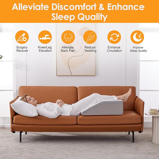 Leg Elevation Pillows for Sleeping, Memory Foam Wedge Pillow for Legs, Knee Wedge Pillow for After Surgery, Swelling, Back Pain and Circulation, Non-Slip Base, Removable Cover (6 Inch, White)