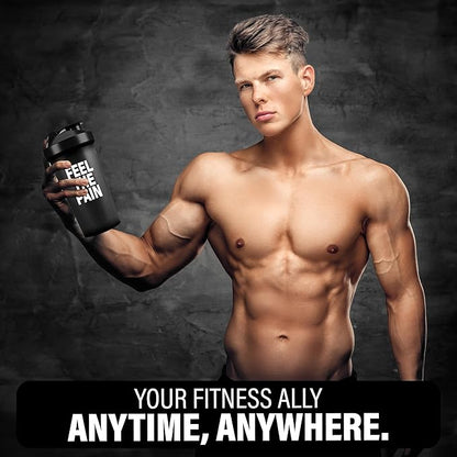 Shaker Bottles for Protein Shakes 24oz, Plastic Bottle for Pre and Post Workout, Protein Shaker Bottle with Wire Whisk Ball, Shaker Cup, Dishwasher Safe (FEEL THE PAIN, BLACK)