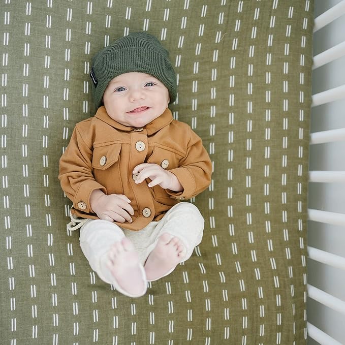Olive Strokes Muslin Crib Sheet by Mebie Baby, Soft and Breathable Bed Sheets for Babies, Modern Neutral Bedding for Cribs, Standard Crib Mattress Fitted Sheet, Great for Boy or Girl Room or Nursery