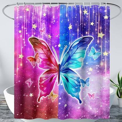 AILONEN Butterfly Shower Curtain,Red and Blue Butterfly Bath Curtain,Tie Dye Starry Rainbow Modern Decorative Shower Curtain with 12 Plastic Hooks (Kids/Girls/Women/Teen/) 72" W*96" H