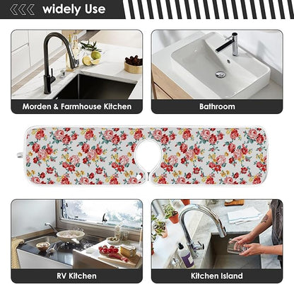 Kitchen Faucet Absorbent Mat,Rose Floral Flower Water Splash Guard for Sink, Faucet Drip Catcher Thicken Sponge Microfiber Faucet Water Catcher Mat Sink Absorbent Mat for Kitchen 23x5in 2Pack