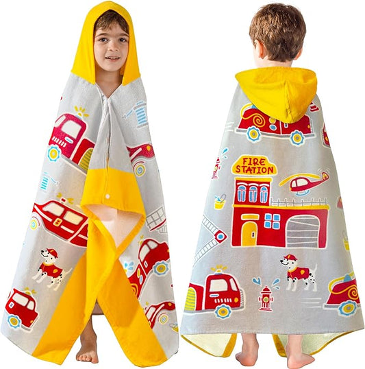 VOOVA & MOVAS Kids Bath Towels for Boys, Ages 3-10 | Soft Thick Absorbent Cotton, Beach | Pool | Bath Hooded Towels, Yellow Fire Truck