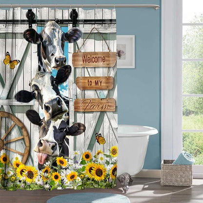 Farmhouse Cow Shower Curtain Funny Animal Butterfly Sunflower Cow Shower Curtains for Bathroom Decor Waterproof Polyester Fabric Western Barn Door Bathroom Curtain with Hooks 66x72 Inch