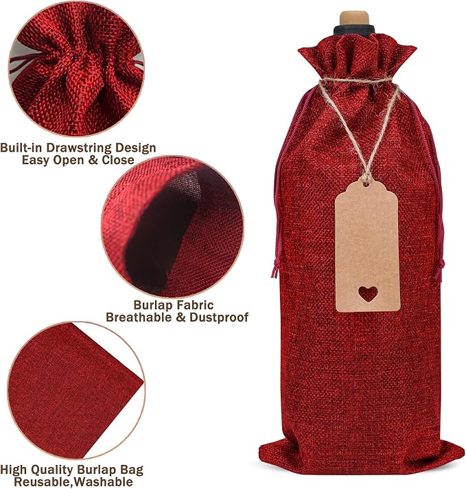 EVRWO Burlap Wine Bags 12 Pcs Wine Bottle Gift Bags Reusable Gift Bags With Drawstrings Tags & Ropes for Holiday Weedings Party, Birthdays, Travel, Blind Tastings, Home Storage 750ml (Burgundy)