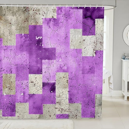 Feelyou Kids Geometric Purple Bathroom Shower Curtain Set Geometry Bath Curtain Boys Girls Checkered Shower Curtain Modern Art Teens Bathroom Accessories Room Decor 72"x72"