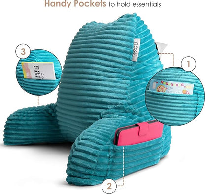 Nestl Reading Pillow with Portable Lap Desk Stand for Laptop 22x14”, Cut Plush Striped Back Pillow, Back Support Pillow, Shredded Memory Foam Bed Rest Pillow with Arms for Kids & Teens, Medium - Teal