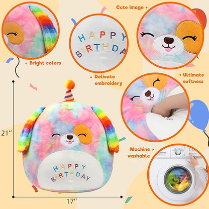 Easfan 20’’ Jumbo Rainbow Birthday Dog Giant Plush Pillow Soft Puppy Plush Toy Cute Dog Stuffed Animal Birthday Gifts for Kids Toddlers