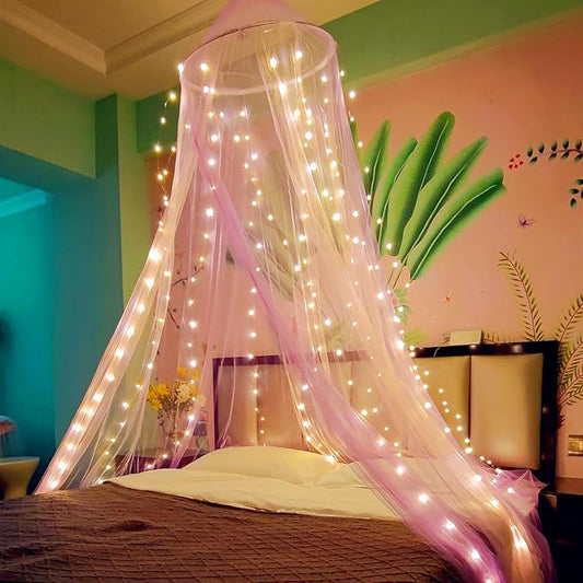 Eimilaly Two-Tone Bed Canopy Mosquito Net Pink Purple with Warm Lights, Bed Canopy for Girls Room Decor, Single Door