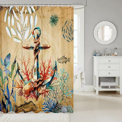 Feelyou Anchor Nautical Shower Curtain Shells and Corals Fabric Shower Curtain for Kids Boys Girls Adventure Themed Bathroom Waterproof Accessories with 12 Hooks Brown Curtains,72X78 Inches