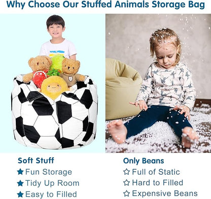Lukeight Stuffed Animal Storage Bean Bag Chair Cover for Kids, Soccer Zipper Beanbag Chair Cover for Organizing Toddler and Kids' Rooms Plush Toys (Soccer Velvet, XX-Large)