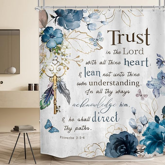 MESHELLY Christian Shower Curtain 60Wx72H Bible Verse Rustic Farmhouse Teal Flower Bathroom Curtain Scriptures Floral Bath Curtain Fabric Inspirational Quote Motivational Bathroom Decor with 12 Hooks