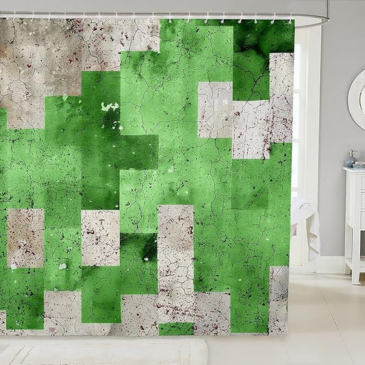 Feelyou Kids Geometric Green Bath Curtain Geometry Shower Curtain Stripe Line Bathroom Shower Curtain Set Boys Girls Modern Art Teens Bathroom Accessories Room Decor 72"x78"