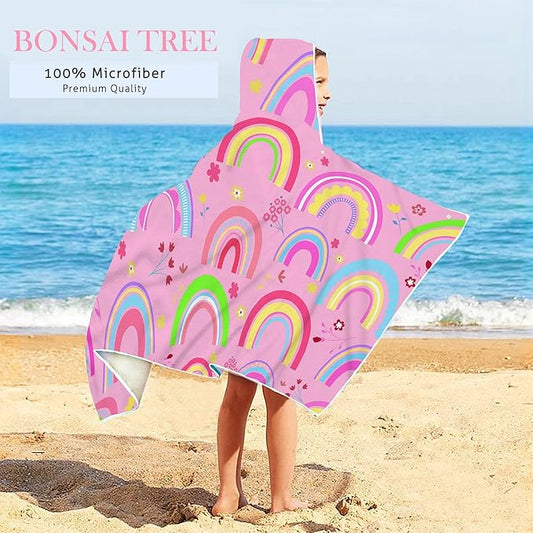 Rainbow Hooded Beach Towel for Kids Girls, Cute Unicorn Bath Towel with Hood, Pink Magic Rainbow Microfiber Super Absorbent Soft Poncho Bathrobe for Swin Pool 30”x50”