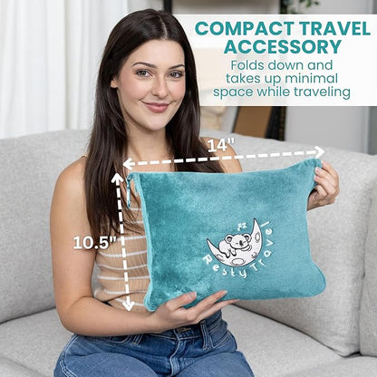 Resty Travel Blanket - Compact Airplane Blanket with Bag - Small and Lightweight Traveling Blanket & Pillow - Portable Blankets with Carabiner for Easy Transport - Plane Train Car (Baby Blue)