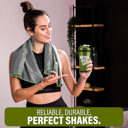 Shaker Bottles for Protein Shakes 24oz, Plastic Bottle for Pre and Post Workout, Protein Shaker Bottle with Wire Whisk Ball, Shaker Cup, Dishwasher Safe (NEVER GIVE UP, GREEN)