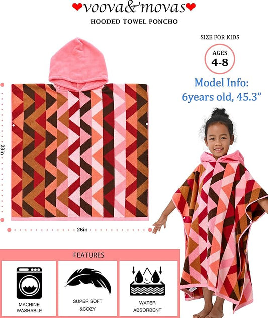 VOOVA & MOVAS Kids Towels Poncho with Hood (4-8Years) - Thick 500GSM,Soft, Absorbent, 100% Cotton Swim Towel, Perfect for Bathroom | Pool | Swim, Jacquard,Red