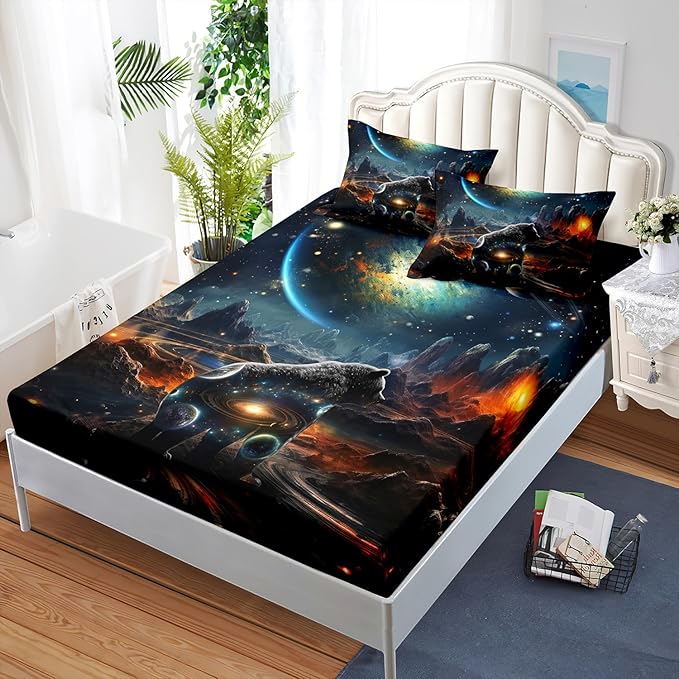 AILONEN Panther Fitted Sheet Set Full Size, Galaxy Starry Planet Volcano Boys Black Bear Bed Sheet Set,3 Pieces Printed Fitted Sheet with 2 Pillowcases