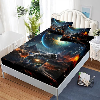 AILONEN Panther Fitted Sheet Set Full Size, Galaxy Starry Planet Volcano Boys Black Bear Bed Sheet Set,3 Pieces Printed Fitted Sheet with 2 Pillowcases