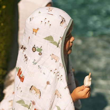 Little Unicorn Cotton Muslin & Terry Hooded Towel, Larger Size 1-6 Years (Farmyard)