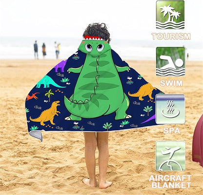 Dinosaur Beach Towel, Dinosaur Towel for Kids with Hood T-rex Hooded Towel for Boys 30x50 Cool Cartoon Microfiber Bath Towel Poncho Bathrobe for Swin Pool Cover Up, Green Blue Dinosaur Birthday Gifts