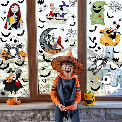 Halloween Window Clings 9 Styles, Nightmare Christmas Window Decorations Removable Stickers, Bats Spider Cartoon Window Decals 8 Sheets for Spooky Halloween Party Home Decor