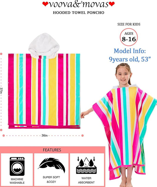 VOOVA & MOVAS Big Kids Cotton Poncho Towels with Hood (8-16Years), Thick Poncho Towel Robe for Kids, Perfect for Pool, Beach, Bath and Gifts, Red Green Yellow Stripe