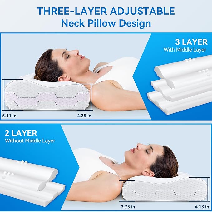 Sandwich Cervical Neck Pillow Queen Size, Dynamic Memory Foam Pillow for Sleeping, Adjustable Contour Ergonomic Orthopedic Cooling Pillow for Side, Back & Stomach Sleepers CertiPUR-US