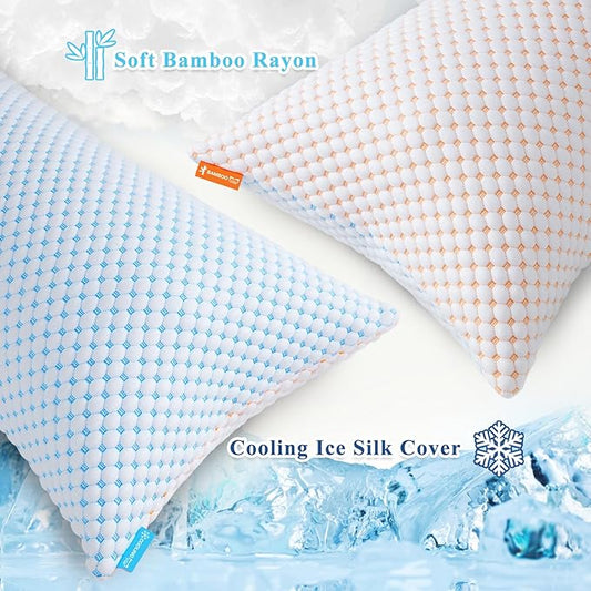 Cooling Pillows Standard Size Set of 2, Shredded Memory Foam Pillow Adjustable Bed Pillows Firm Pillow with Removable Washable Cover and Extra Filling Pack