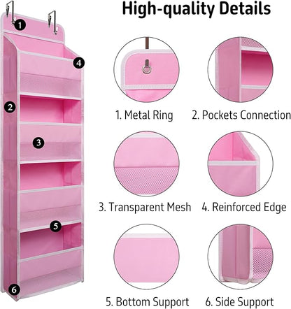 Heavy Duty Over Door Organizer, Hanging Organizer Storage with 4 Large Capacity Pockets, Closet Bathroom Nursery Bedroom Dorm, Toys Cosmetics Sundries and Baby Essentials, Pink
