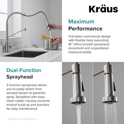 Kraus KPF-1610SFS-KSD-43SFS Bolden 18-Inch Single Handle Commercial Style Pull-Down Kitchen Faucet with Soap Dispenser, Spot Free Stainless Steel