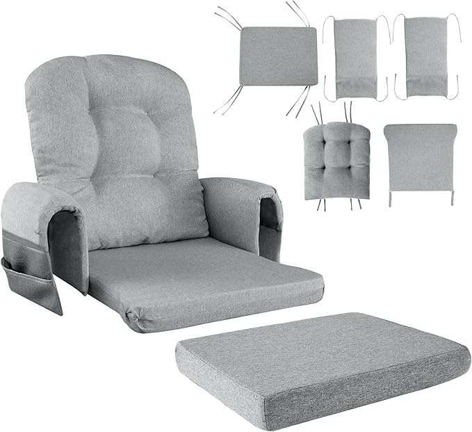 HOMBYS 5 PCS Glider Rocker Replacement Cushions with Storage Side Pocket,Linen-Like Fabric, Foam & Microfiber Filling, Non-Slip & Washable,Thickened & Supportive for Glider Rocking Chair, Grey