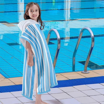VOOVA & MOVAS Big Kids Poncho Towel with Hood - Teens Hooded Pool Towel Robe (8-16Years), Large and Absorbent Cotton - Versatile for Beach, Pool, Swim, and Bath,Light Blue Stripe