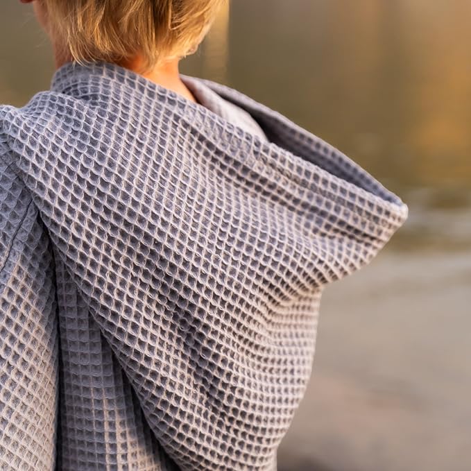 Hooded Towel for Kids | Snaps into a Poncho | Organic Cotton Waffle | Lightweight and Absorbent | Bath, Beach, and Pool | Multiple Colors | (Medium (3-6 Yrs), Dove)