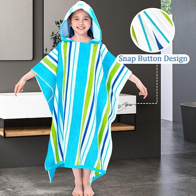 VOOVA & MOVAS Big Kids Towel Poncho with Hood (8-16Years), 100% Cotton Thick Poncho Towel Robe for Kids, Perfect for Pool, Beach, Bathroom, Blue Green Stripe