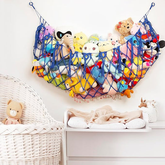 Large Stuffed Animal Storage Net or Hammock for Wall Mounted Macrame Stuffed Animal Display For Boho Nursery Baby Boy Playroom Toy Organizers Pet Net-Blue