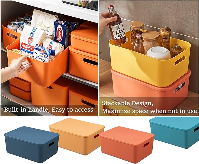 Plastic Storage Bins with Lid, Stackable Storage Containers for Organizing, Storage Baskets for Shelves Kitchen Bathroom Playroom Classroom Office (Medium (Blue+Green))
