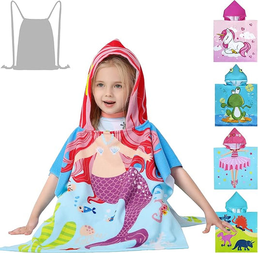 Lightweight Microfiber Hooded Beach Towel for Kids, Toddlers Bath/Pool/Swim Poncho Cover-ups Swimwear (3D Mermaid with bag)