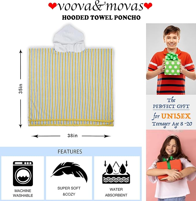 VOOVA & MOVAS Teens Beach Towels with Hood (8-16Years), Large Soft and Absorbent Cotton Hooded Pool Towel Poncho Robe - Versatile for Pool, Swim, and Bath, Blue Yellow Stripe