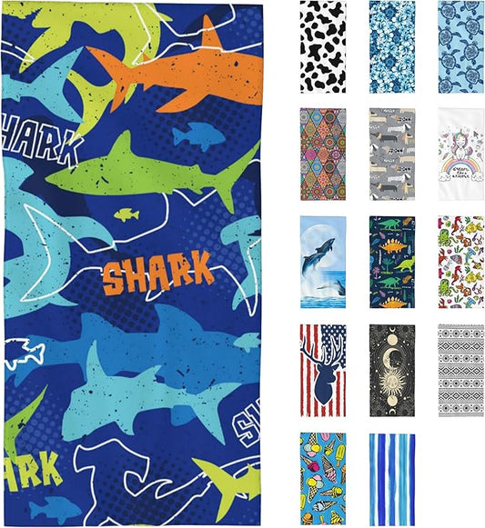 Microfiber Beach Towel, Colorful Sharks Beach Towels for Women Men, Extra Large 29.5” X 59”, Quick Drying Lightweight Sand Free Bath Swim Towel