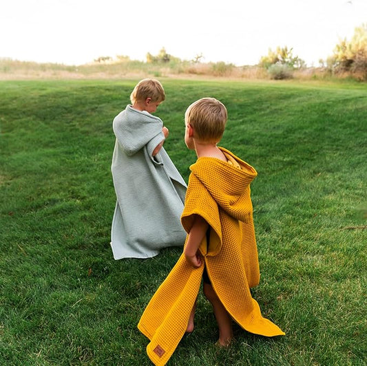 Hooded Towel for Babies + Toddlers | Snaps into a Poncho | Organic Cotton Waffle | Lighweight and Absorbent | Bath, Beach, and Pool | Multiple Colors (Small (0-3 Yrs), June Breeze)