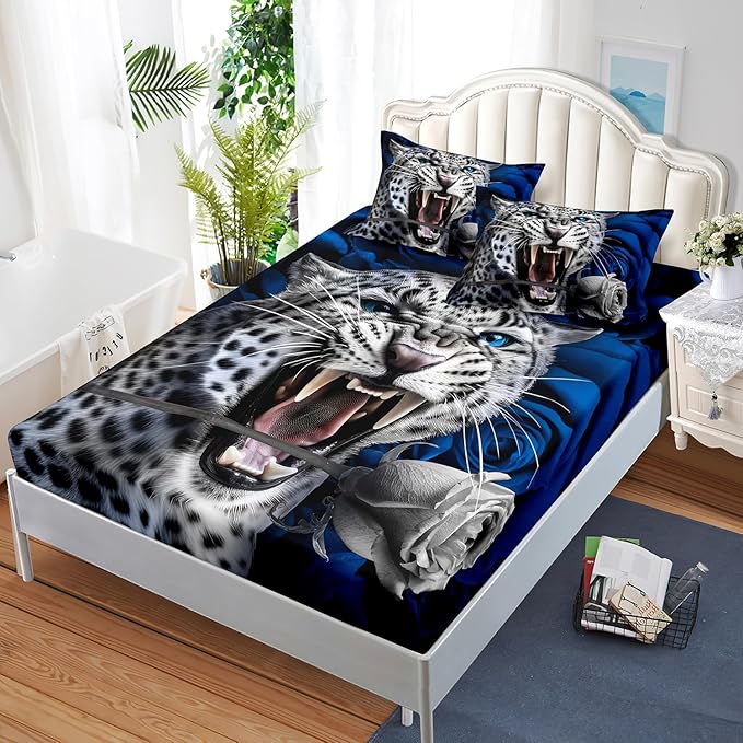 AILONEN Leopard Fitted Sheet Set Queen Size, Roaring Cheetah Print Bed Sheet Set,Blue Rose Bedding Grey Leopard Sheet Set,Wildlife Bed Sheet Set Animal Themed Fitted Sheet and 2 Pillowcases,3 Pieces