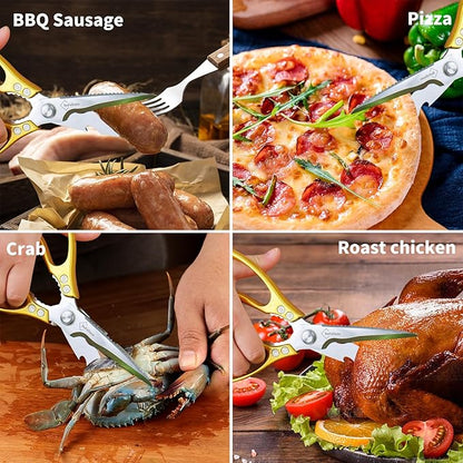 Kitchen Shears for Food Heavy-Duty: Multipurpose Kitchen Shears for Cutting Chicken, Bone, Meat, Food, (9'' Gold)