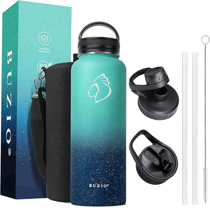 BUZIO Water Bottle with Straw lid, Spout Lid, Hand Lid and Carrying Pouch, 32oz 40oz 64oz Stainless Steel Water Flask Jug, Cold for 48 Hrs Hot for 24 Hrs Double Vacuum Thermo Canteen Mug, BPA-Free