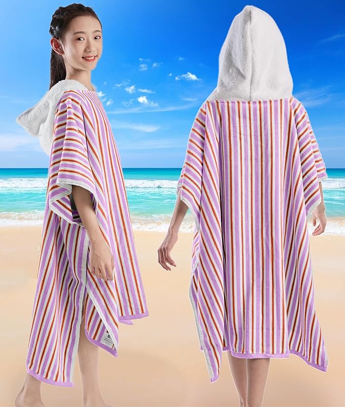 VOOVA & MOVAS Big Kids Poncho Towels with Hood - Girl | Teens (8-16Years) Hooded Pool Towel, Large and Absorbent Cotton Towel Robe - Versatile for Pool, Beach,Swim, and Bath, Orange&Purple
