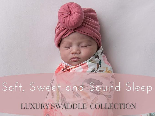 Baby Receiving Blanket Swaddle Blanket Newborn Wrap Swaddle Headband Set -Bloom Flower Pattern (Pink 1)