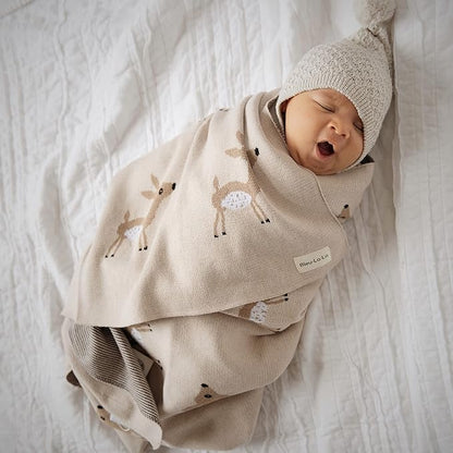 Knit Baby Swaddling Blanket - 100% Cotton Lightweight Soft Cozy Receiving Swaddle Crib Stroller Quilt Blanket for Shower Gift Registry for Newborns, Infants, Toddlers (Deer - Mocha)