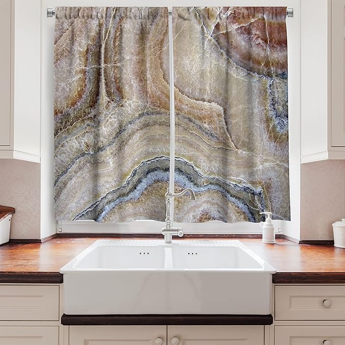 Ambesonne Marble Kitchen Curtains, Surreal Onyx Stone Surface Pattern Pale Blue Details Picture, Window Drapes 2 Panel Set for Kitchen Cafe Decor, 55" x 39", Cinnamon Grey